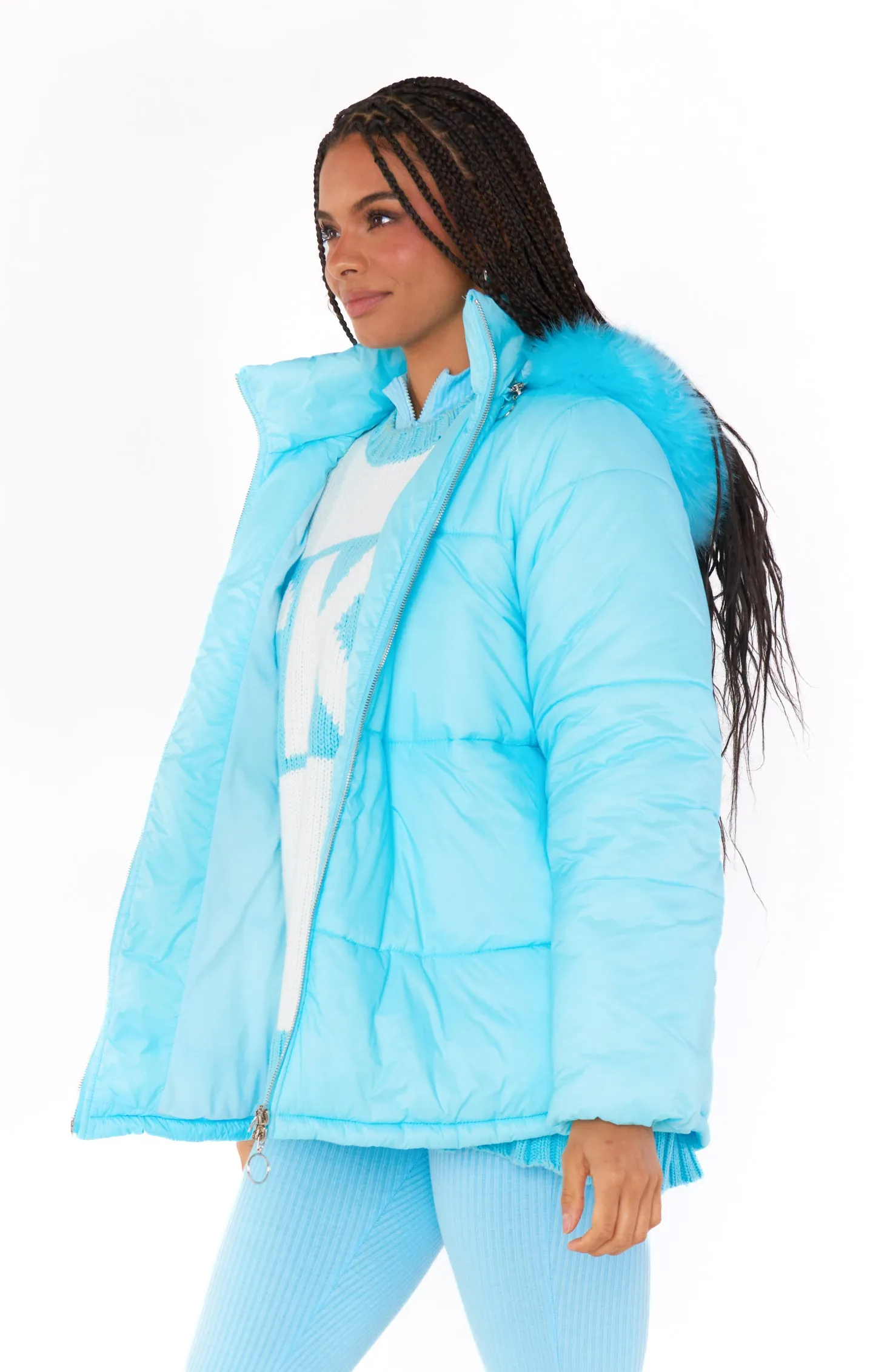 Snowbird Puffer Jacket ~ Powder Blue with Faux Fur