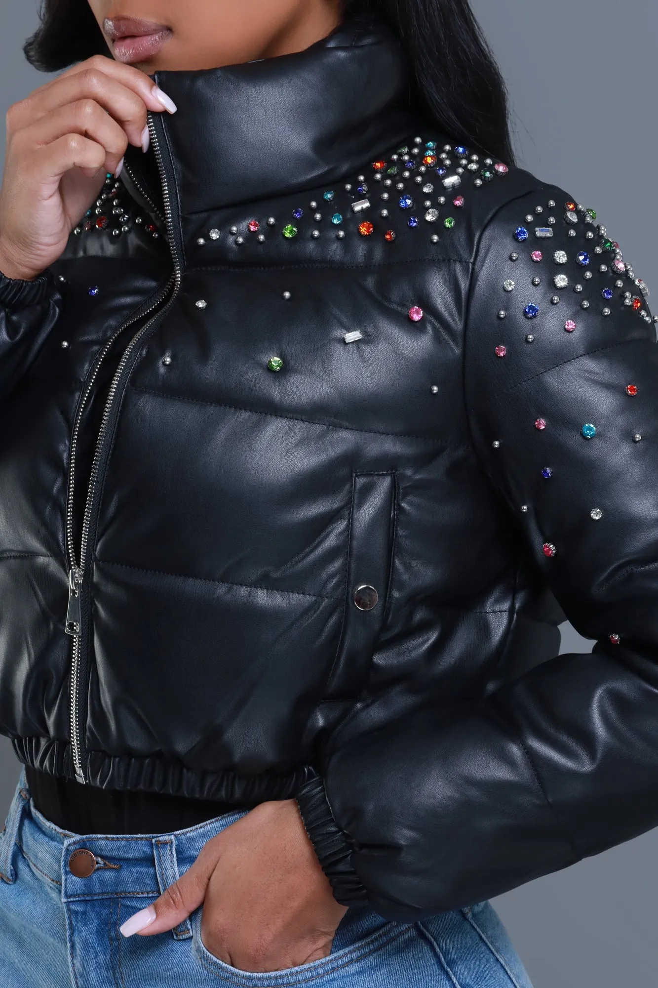 Too Daring Rhinestone Puffer Coat - Black