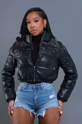 Too Daring Rhinestone Puffer Coat - Black