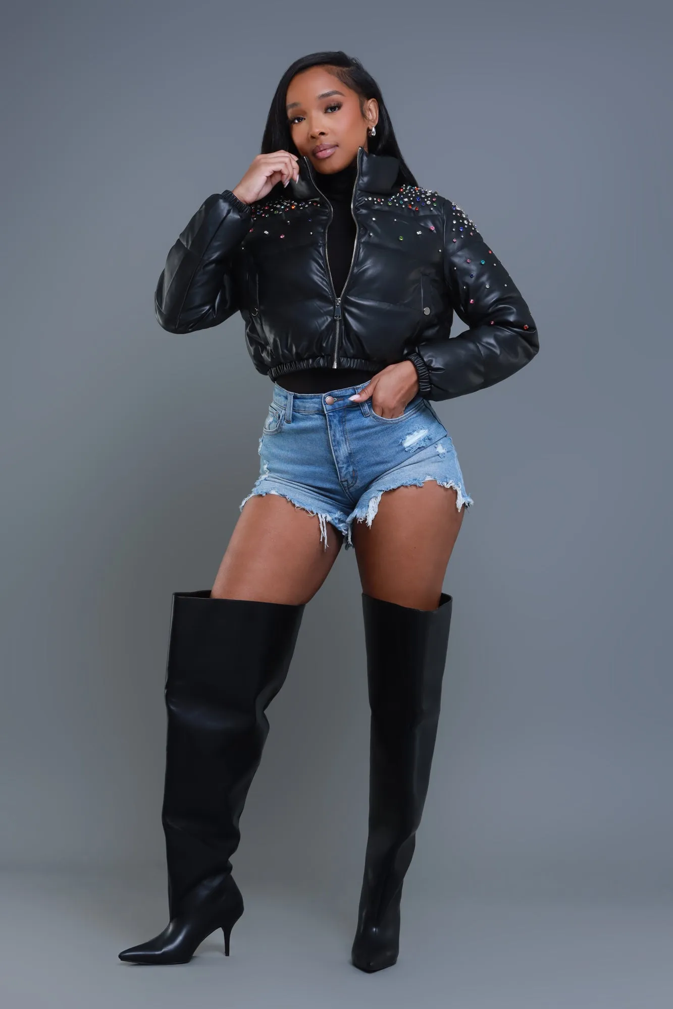 Too Daring Rhinestone Puffer Coat - Black