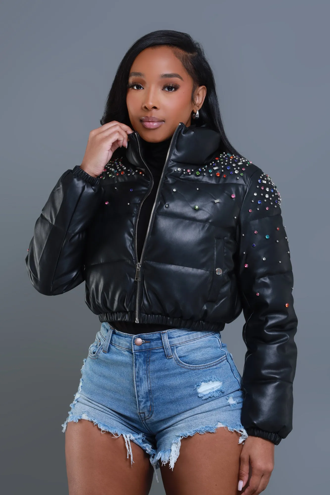 Too Daring Rhinestone Puffer Coat - Black