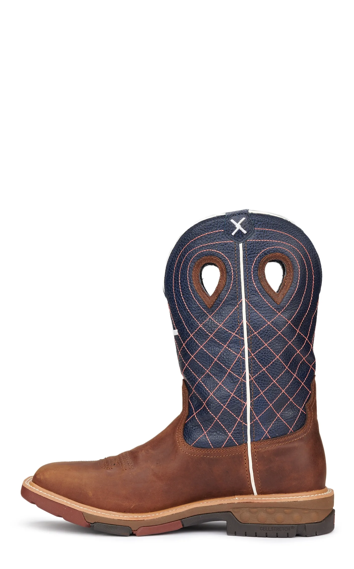 Twisted X Men's Brown and Navy with Cross Embroidery CellStretch Square Toe Work Boot