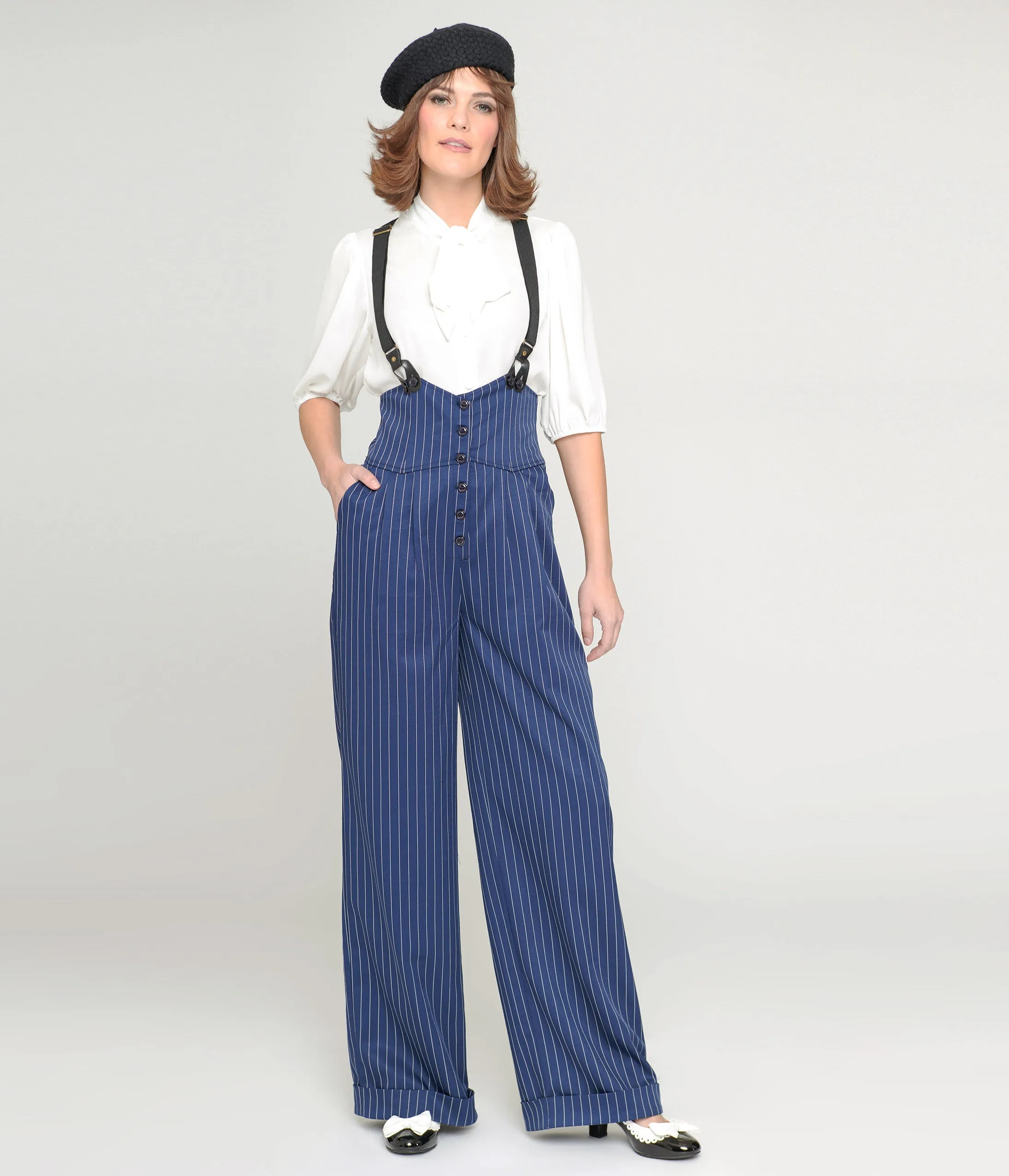 Unique Vintage 1930s Navy & White Pinstripe Thelma Suspender Pants