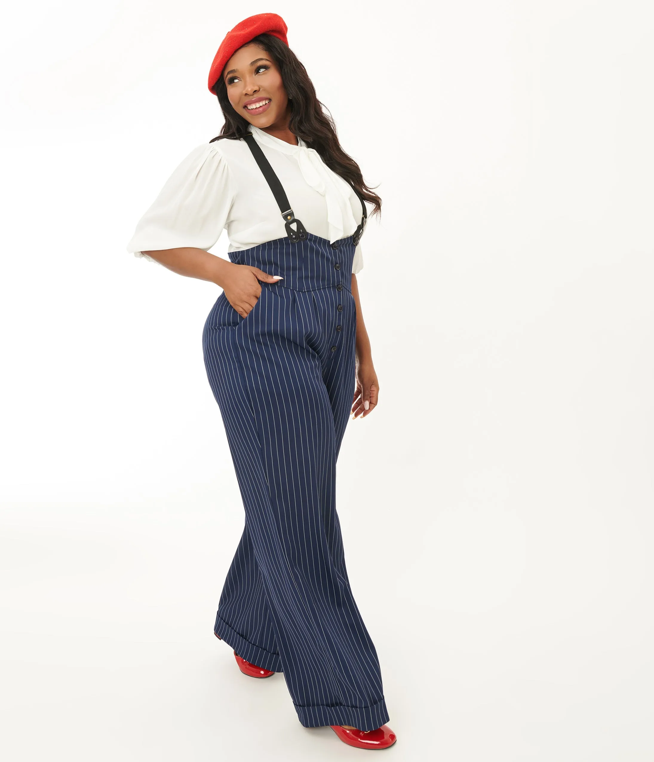 Unique Vintage Plus Size Navy & White Pinstripe Thelma Suspender Pants