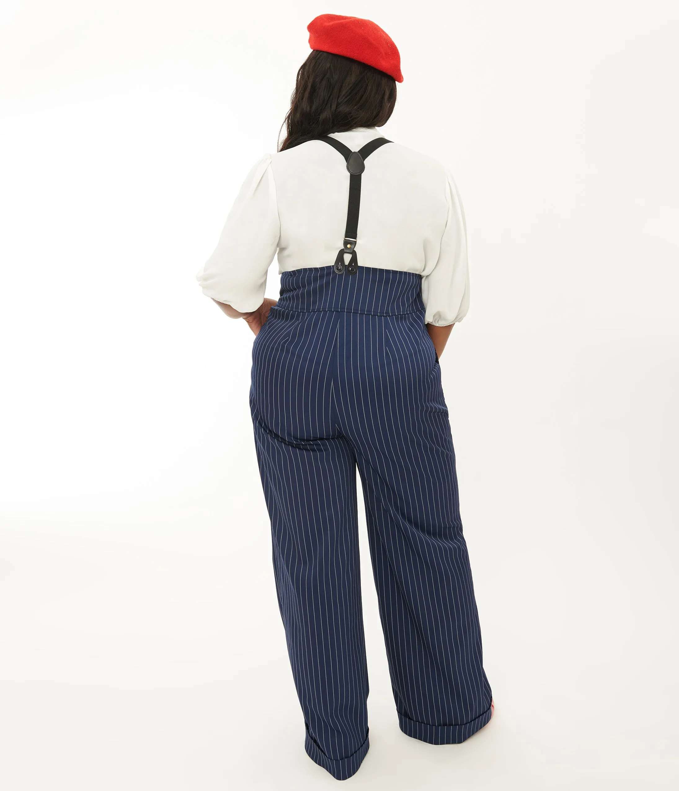 Unique Vintage Plus Size Navy & White Pinstripe Thelma Suspender Pants