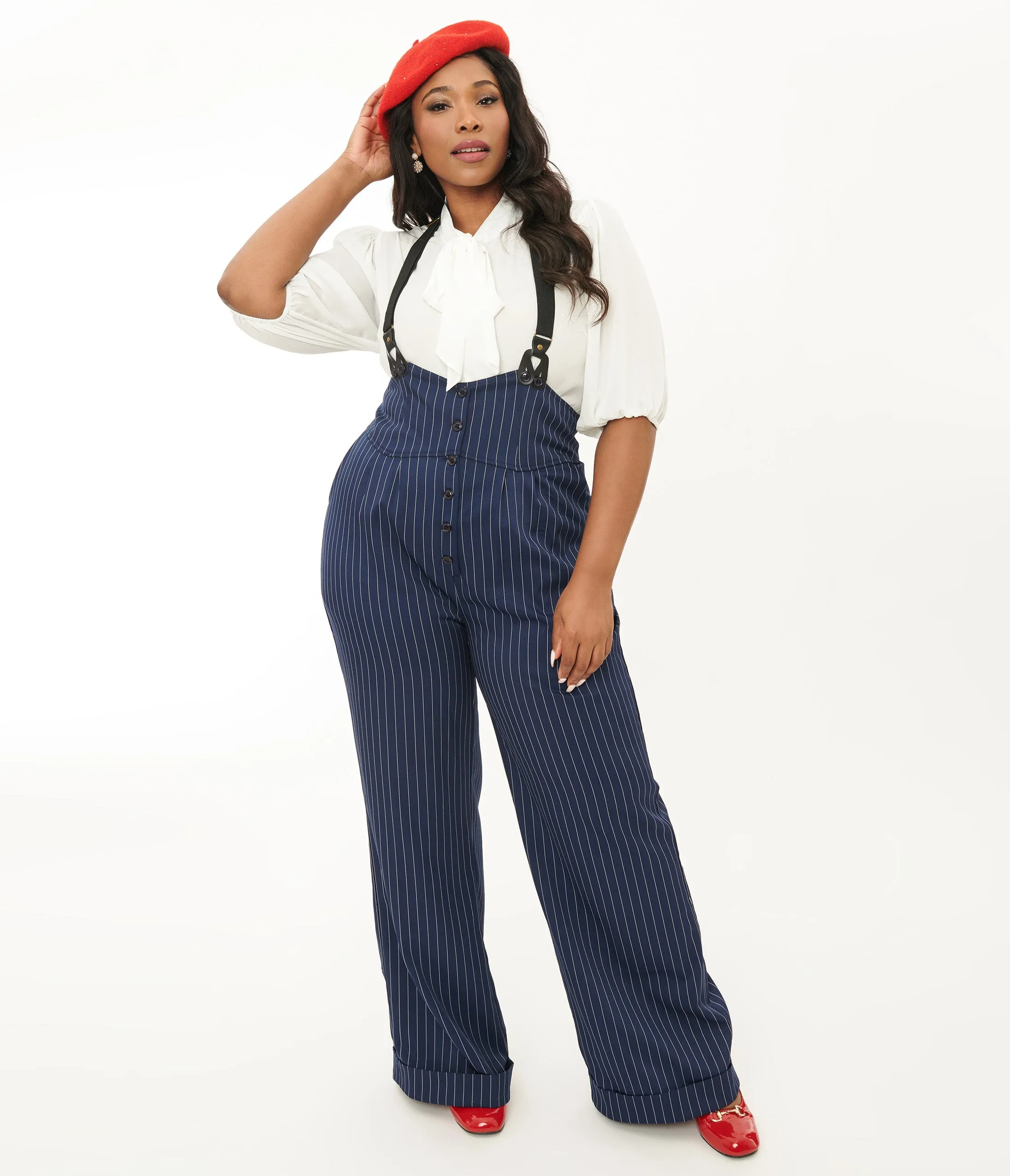 Unique Vintage Plus Size Navy & White Pinstripe Thelma Suspender Pants