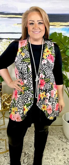 White Leopard Vest with Neon Flowers