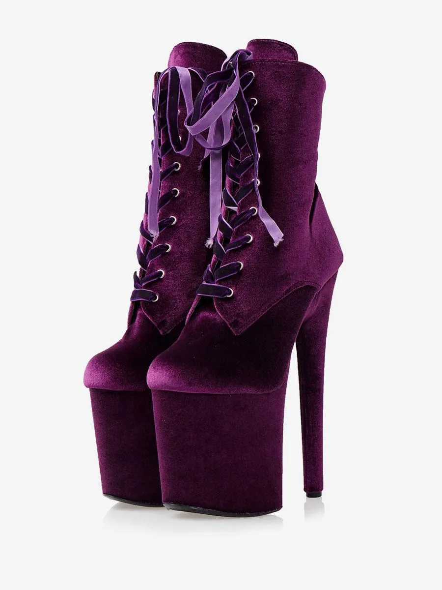 Women Sexy Boots Round Toe Lace Up Stiletto Heel Rave Club Purple Thigh High Boots Over The Knee Boots