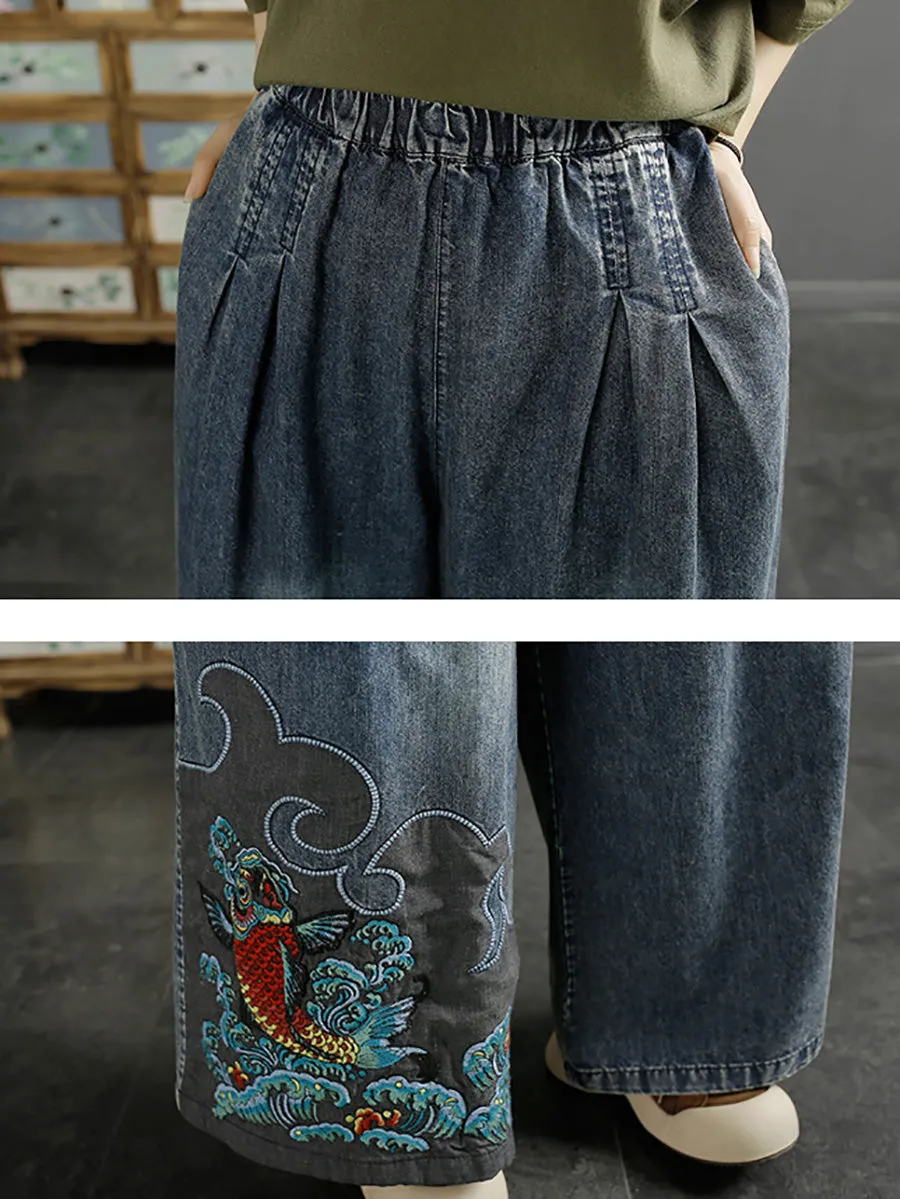 Women Summer Vintage Koi Embroidery Wide-leg Denim Pants CO1049