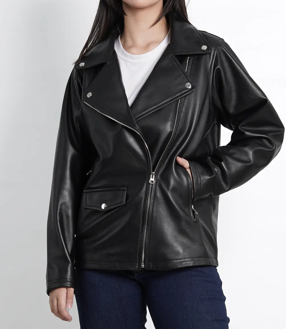 Women's Black Oversized Leather Biker Jacket Asymmetrical