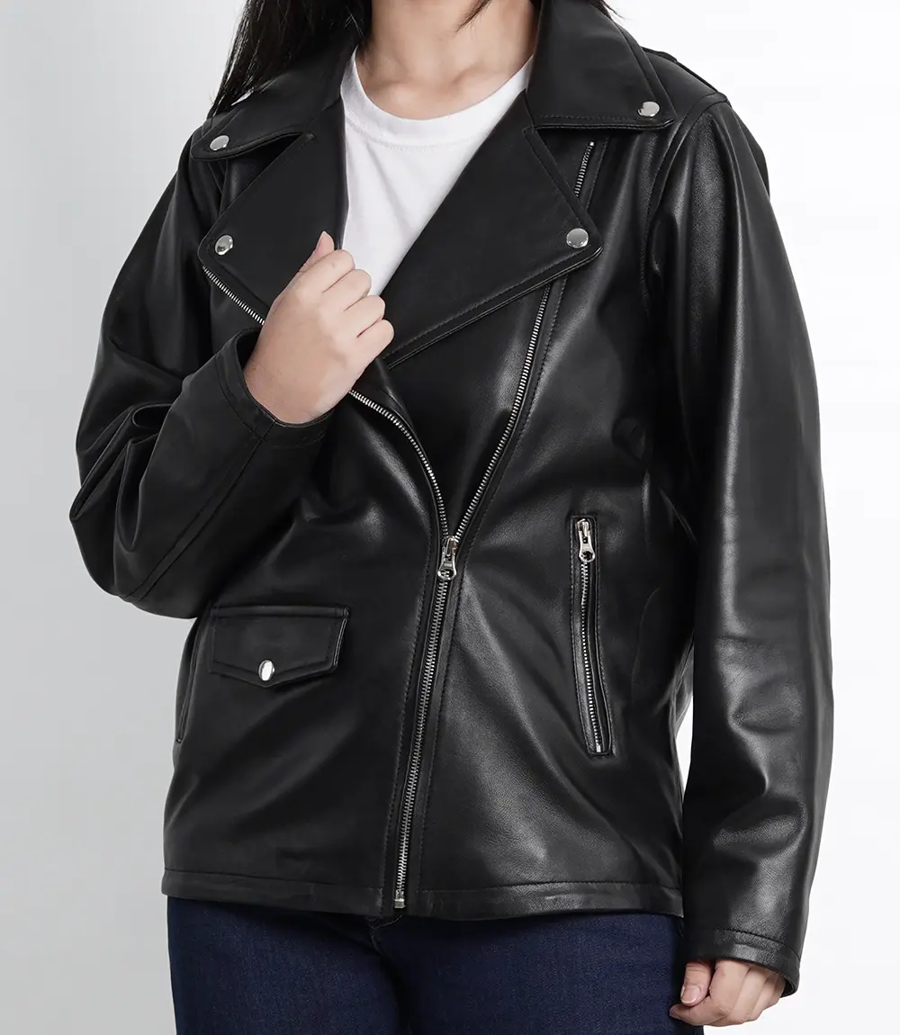 Women's Black Oversized Leather Biker Jacket Asymmetrical