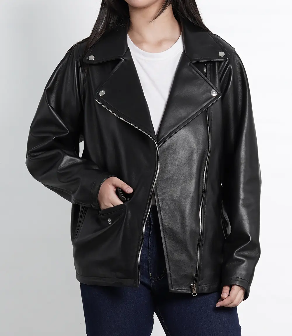 Women's Black Oversized Leather Biker Jacket Asymmetrical