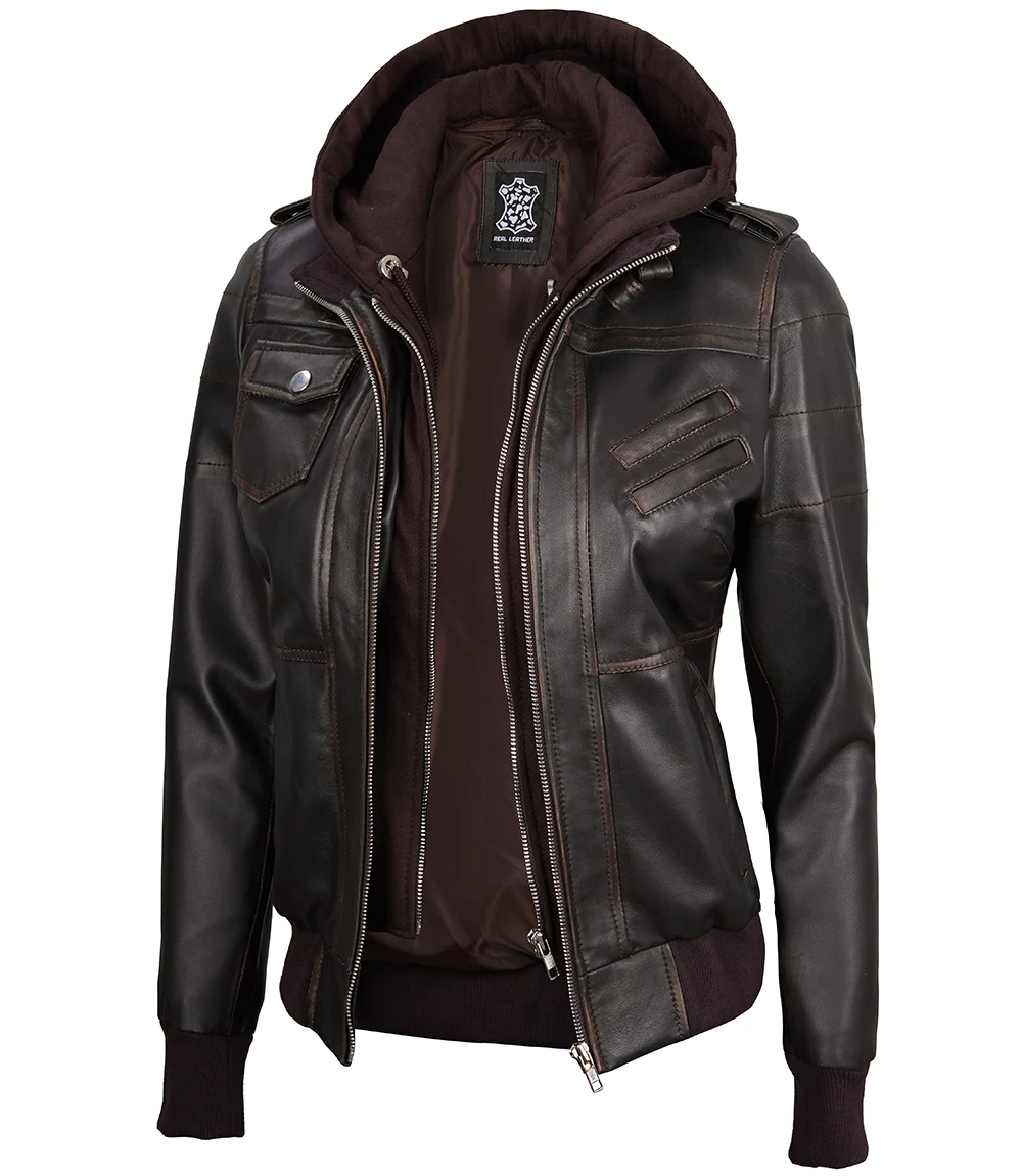 Women's Dark Brown Rub Off Leather Jacket with Removable Hood