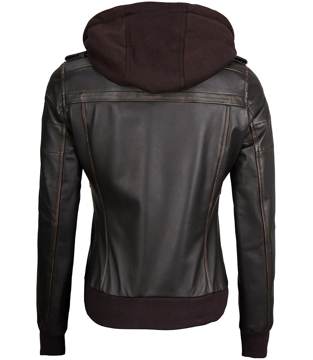 Women's Dark Brown Rub Off Leather Jacket with Removable Hood