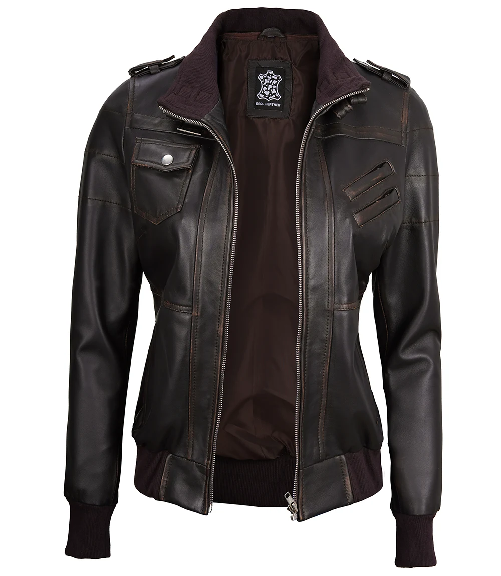 Women's Dark Brown Rub Off Leather Jacket with Removable Hood