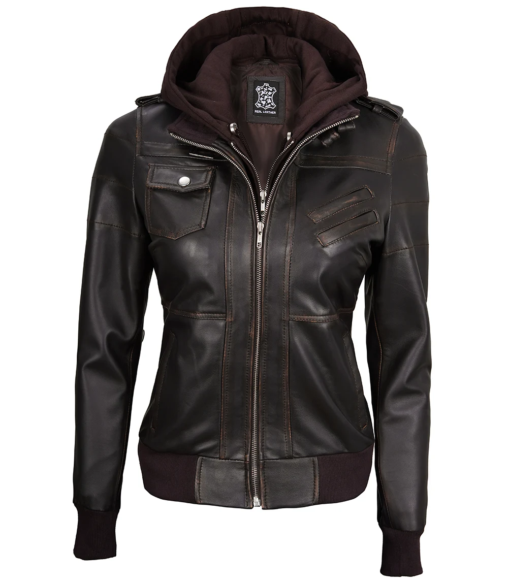 Women's Dark Brown Rub Off Leather Jacket with Removable Hood