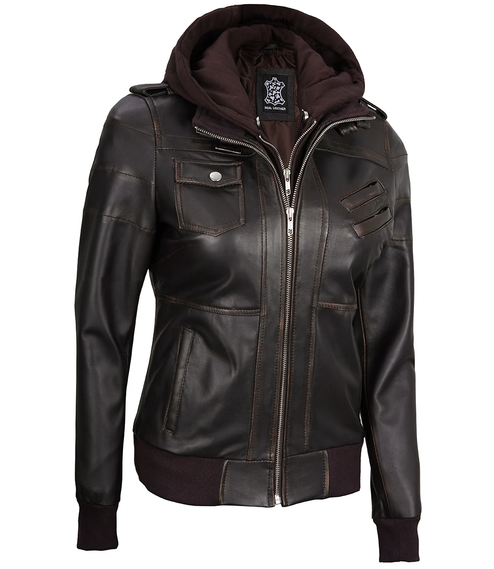 Women's Dark Brown Rub Off Leather Jacket with Removable Hood