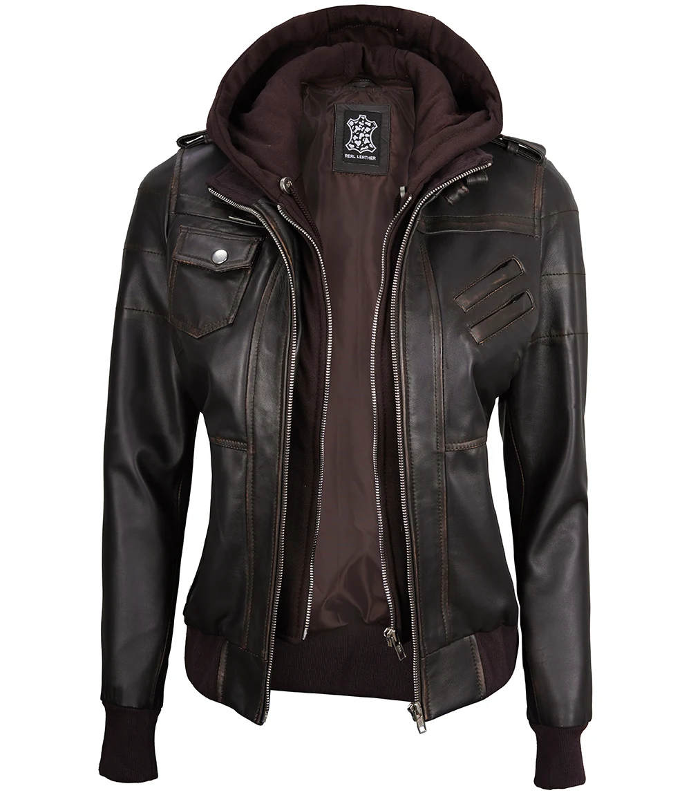 Women's Dark Brown Rub Off Leather Jacket with Removable Hood