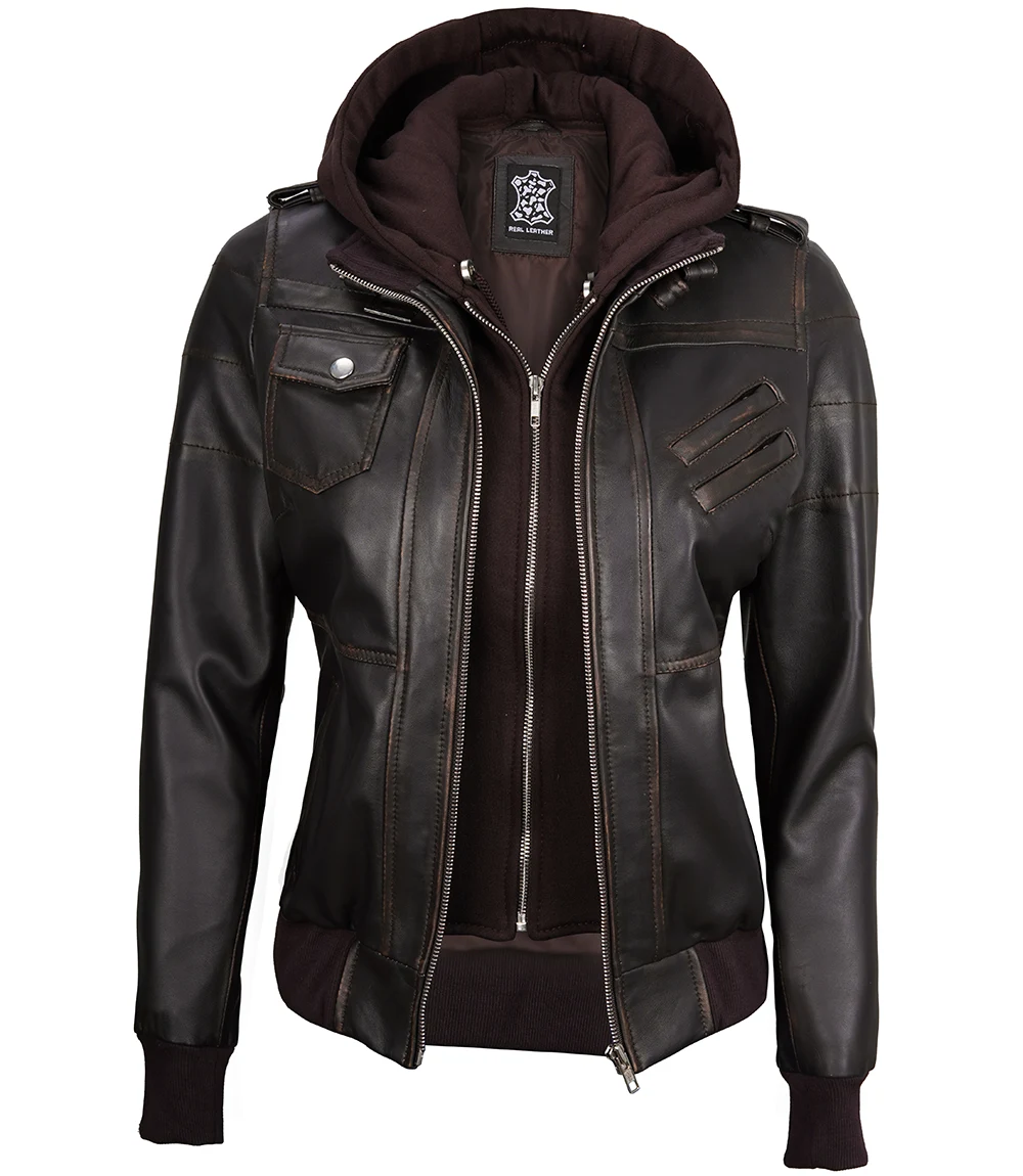 Women's Dark Brown Rub Off Leather Jacket with Removable Hood