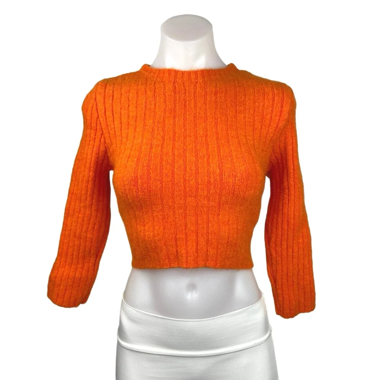 Zara Orange Ribbed Knit 3/4 Sleeve Mock Neck Pullover Cropped Sweater Top Size S