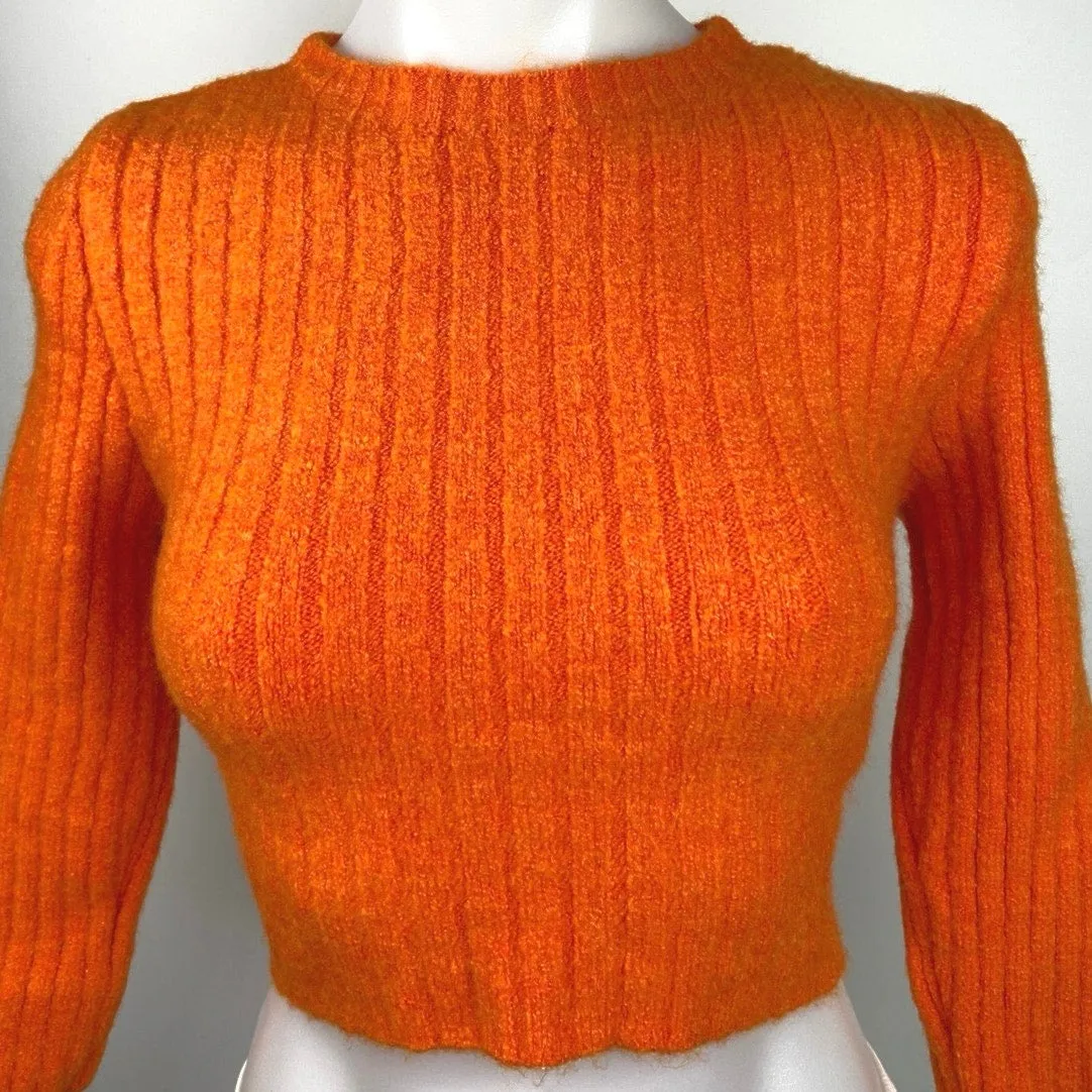 Zara Orange Ribbed Knit 3/4 Sleeve Mock Neck Pullover Cropped Sweater Top Size S