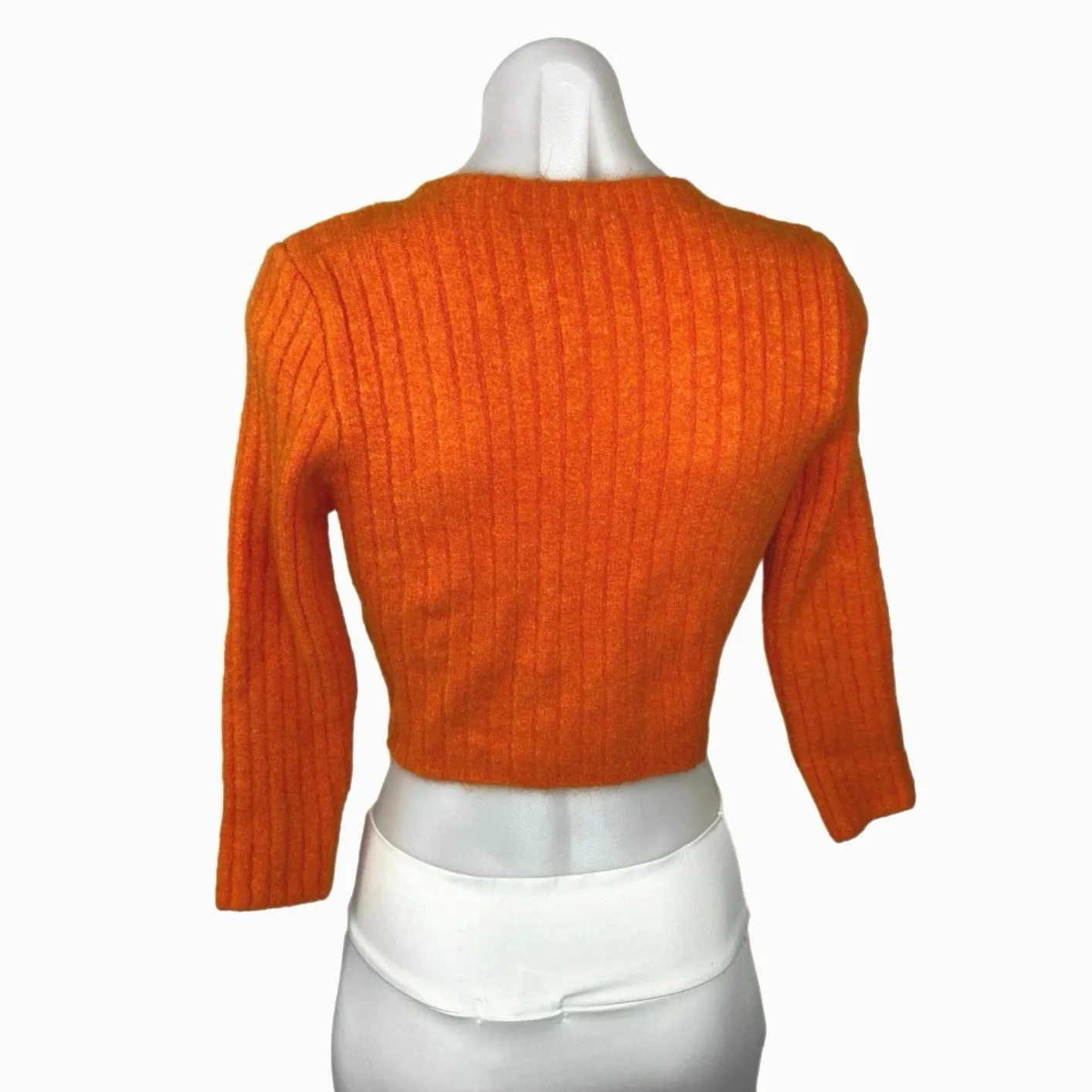 Zara Orange Ribbed Knit 3/4 Sleeve Mock Neck Pullover Cropped Sweater Top Size S