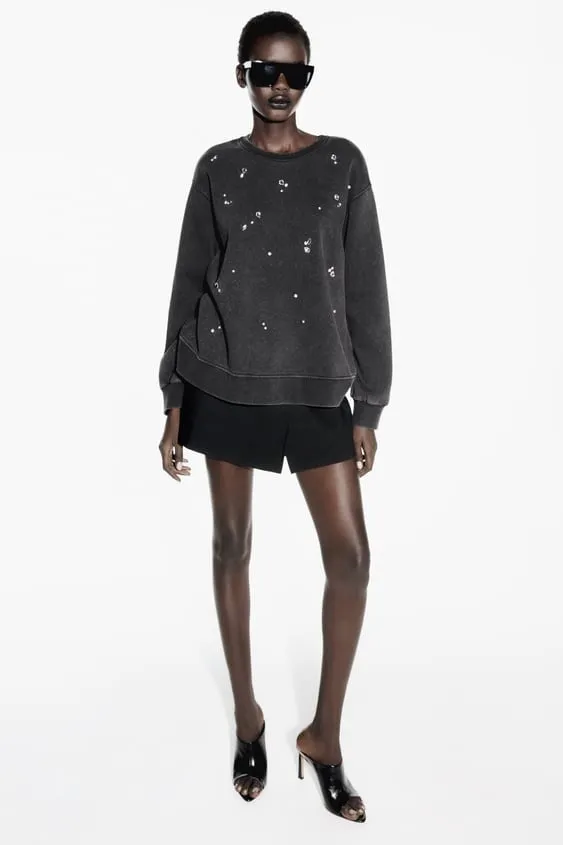 ZARA  |U-Neck Long Sleeves Plain With Jewels Hoodies & Sweatshirts