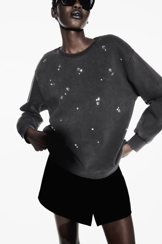 ZARA  |U-Neck Long Sleeves Plain With Jewels Hoodies & Sweatshirts