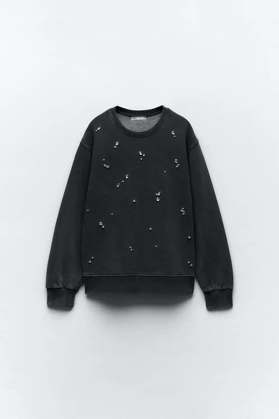 ZARA  |U-Neck Long Sleeves Plain With Jewels Hoodies & Sweatshirts